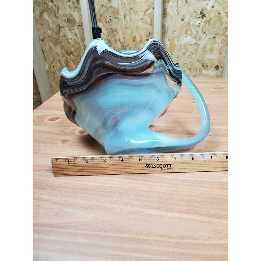 Vintage Hand Blown Art Glass Dish Bowl Swirling Red /Blue Brown Compote W/Handle